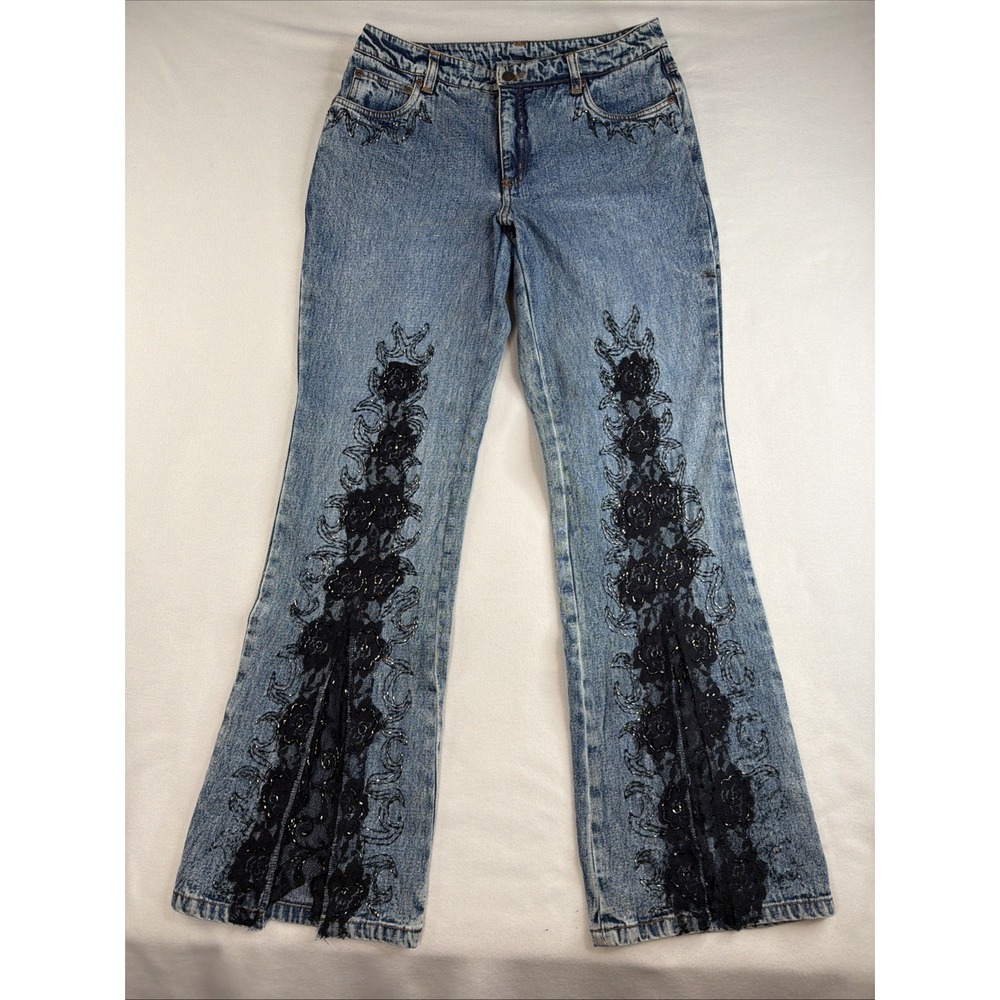 Jeanology Womens 8 Flare Jeans Y2K Lace Beaded Embroidered Low Rise Blue